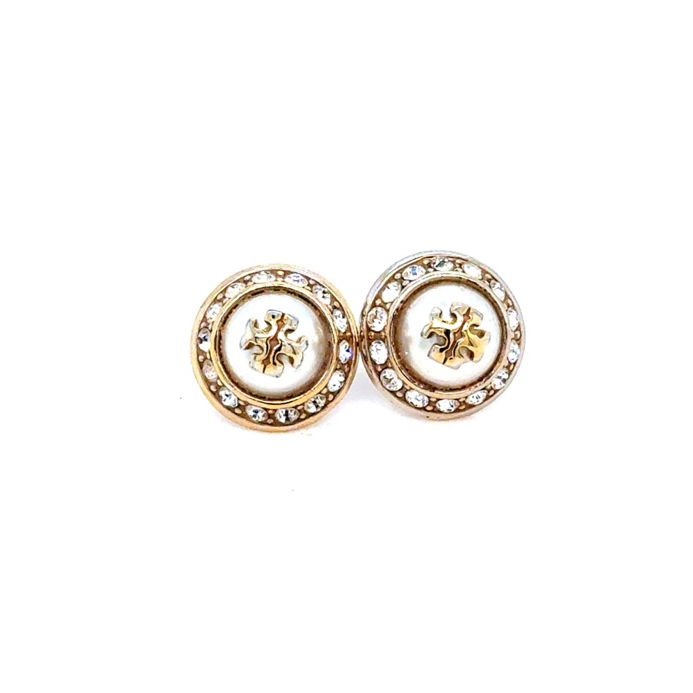 Tory Burch Gold-Tone Crystal Rim Pearl Center Stud Earrings‎